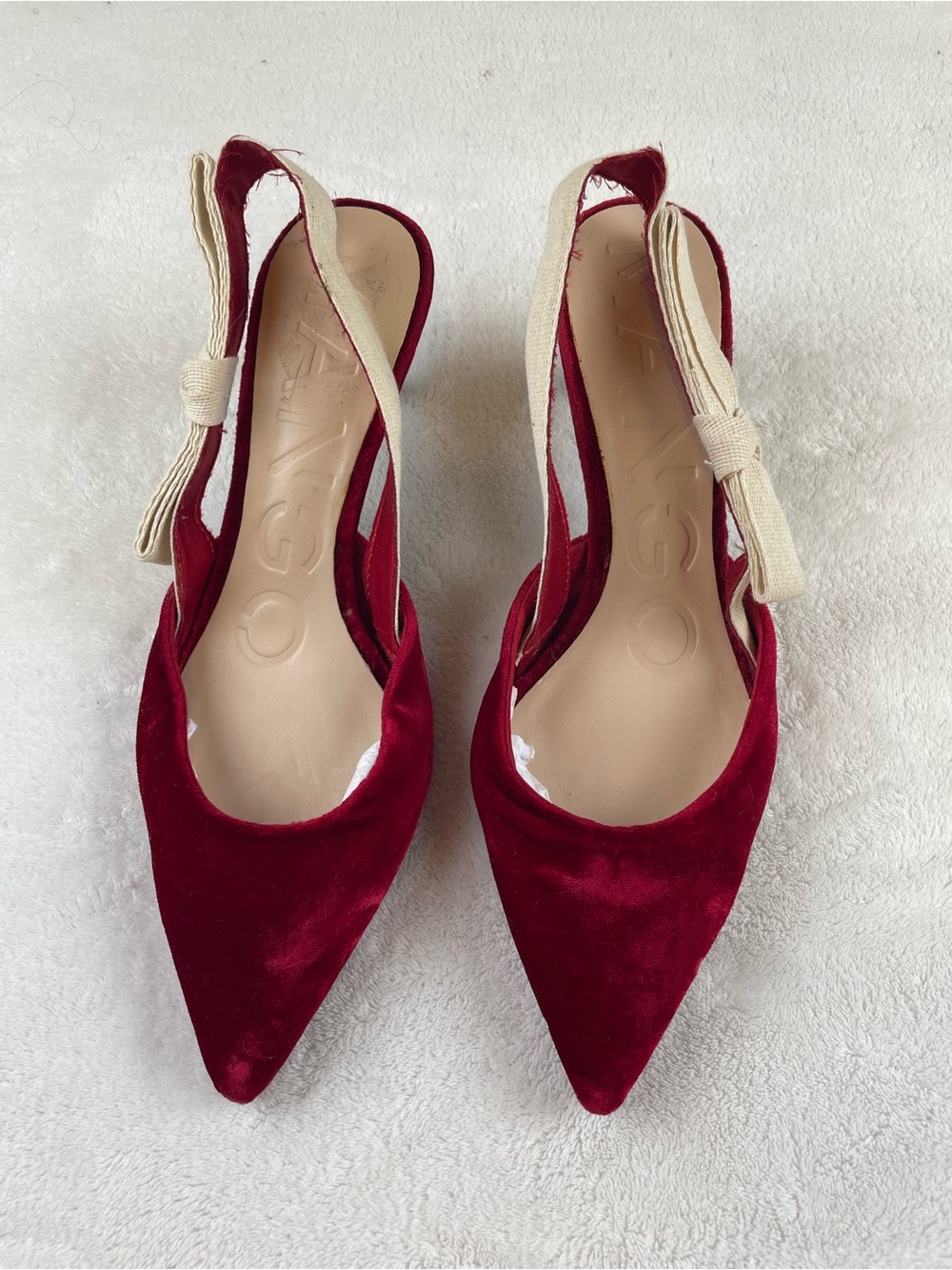 Mango  brand, Wine Velvet Pointed Slingback with 2 “ kitten heels & Cream Bow